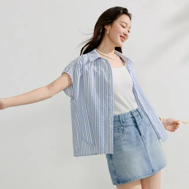 茵曼 法式条纹设计感小众短袖衬衫 女款
