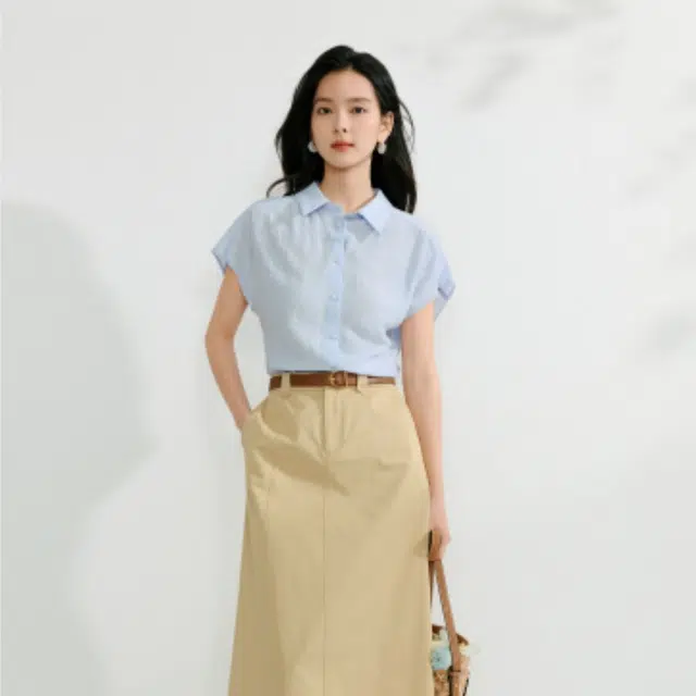 茵曼 通勤百搭简约短袖衬衫 女款 浅蓝色