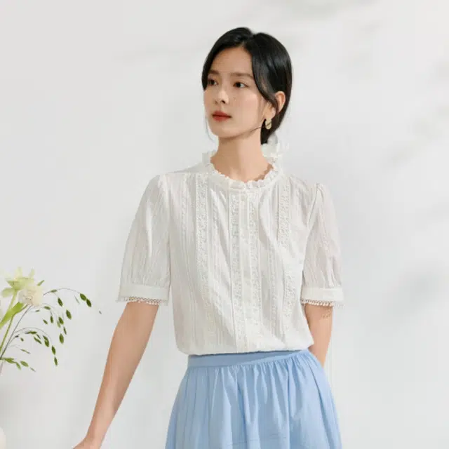 茵曼 纯色合身适中荷叶领短袖衬衫 女款