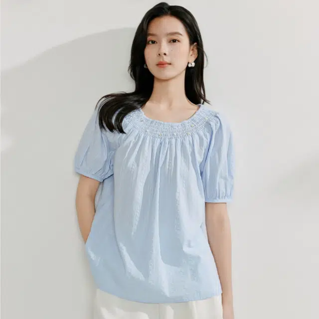 茵曼 优雅时尚百搭短袖衬衫 女款 浅水蓝