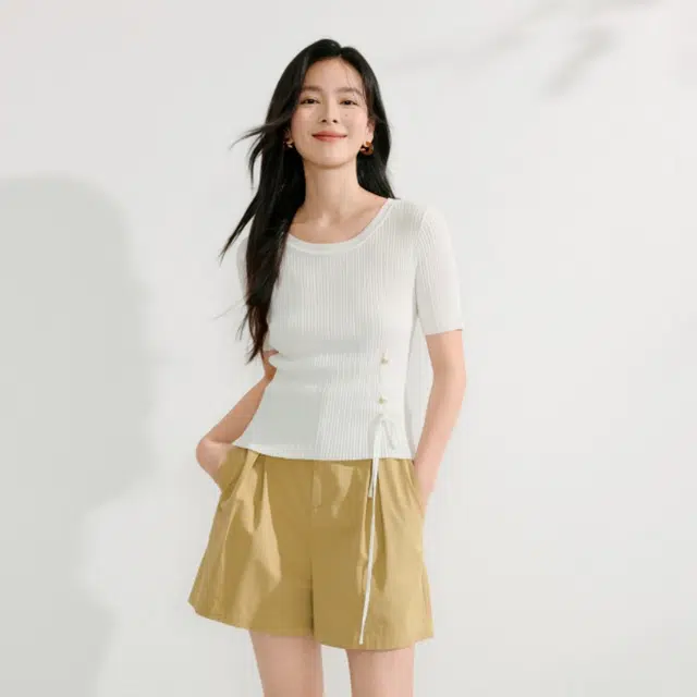 茵曼 法式双曲薄款设计感修身系带短袖针织衫 女款 白色
