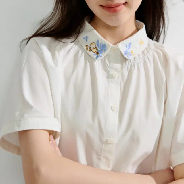 茵曼 纯色宽松翻领短袖时尚百搭设计感衬衫 女款 珍珠白