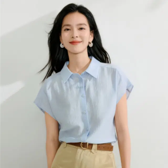 茵曼 通勤百搭简约短袖衬衫 女款 浅蓝色