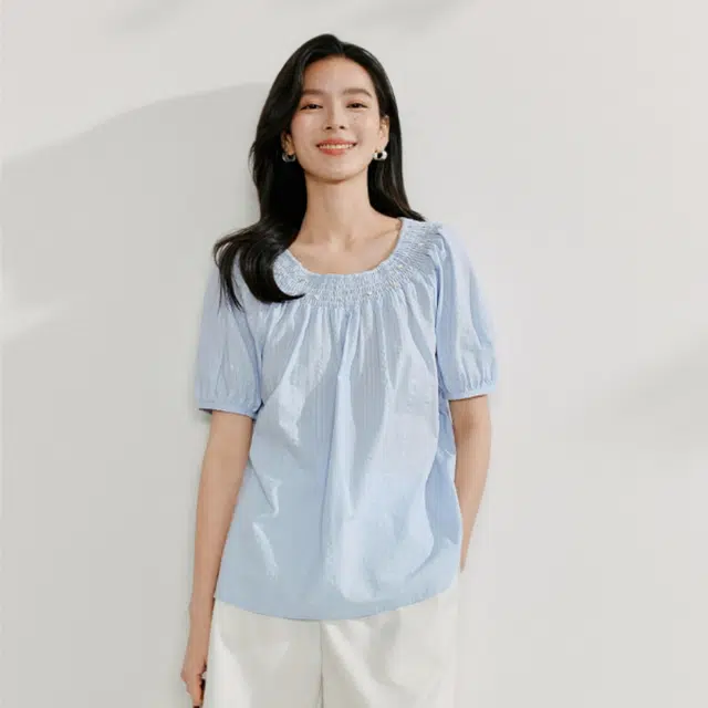 茵曼 优雅时尚百搭短袖衬衫 女款 浅水蓝