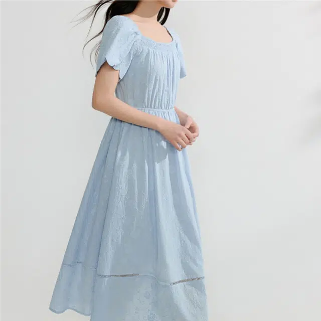 茵曼 时尚舒适百搭短袖连衣裙 女款 浅水蓝