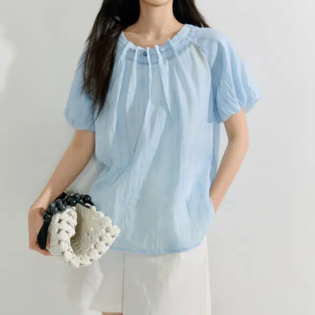 茵曼 圆领串珠褶皱欧若风泡泡袖短袖衬衫 女款