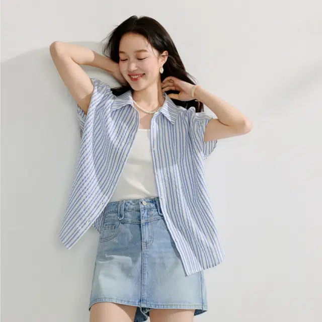 茵曼 法式条纹设计感小众短袖衬衫 女款