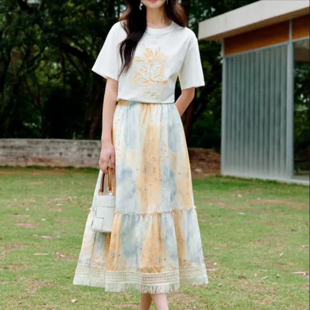 茵曼 印花松紧腰宽松裙子休闲长裙 女款 五彩斑斓