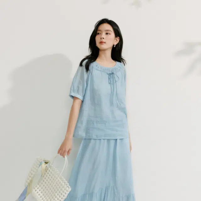 茵曼 法式系带宽松短袖衬衫 女款