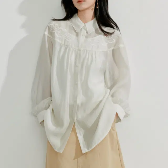 茵曼 法式刺绣宽松气质百搭长袖衬衫 女款 珍珠白