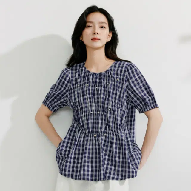 茵曼 时尚气质法式格子短袖衬衫 女款 藏青