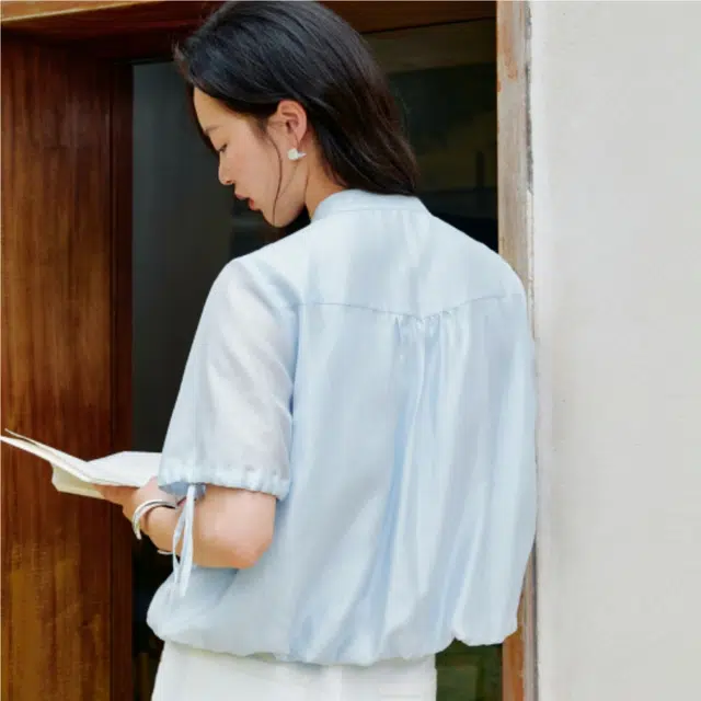 茵曼 莱赛尔法式设计感抽绳显瘦宽松短袖衬衫 女款