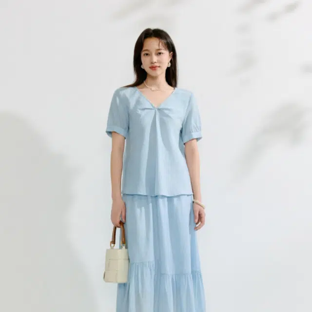 茵曼 宽松舒适纯色短袖衬衫 女款 浅蓝色