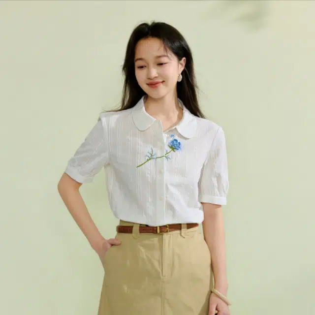 茵曼 度假风提花纯棉气质宽松短袖衬衫 女款 白色