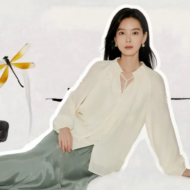 茵曼 法式立体绣花设计感醋酸木耳边长袖衬衫 女款