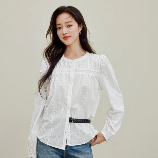茵曼 纯棉法式镂空压褶长袖衬衣衬衫 女款