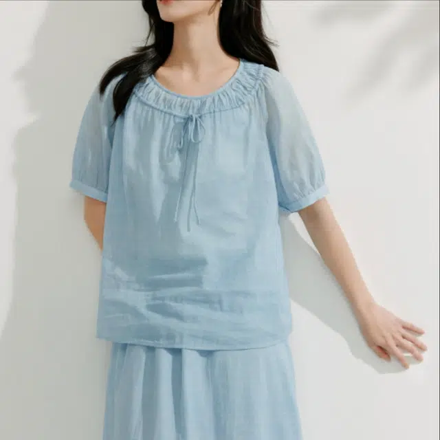 茵曼 法式系带宽松短袖衬衫 女款