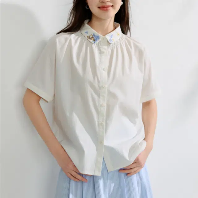 茵曼 纯色宽松翻领短袖时尚百搭设计感衬衫 女款 珍珠白