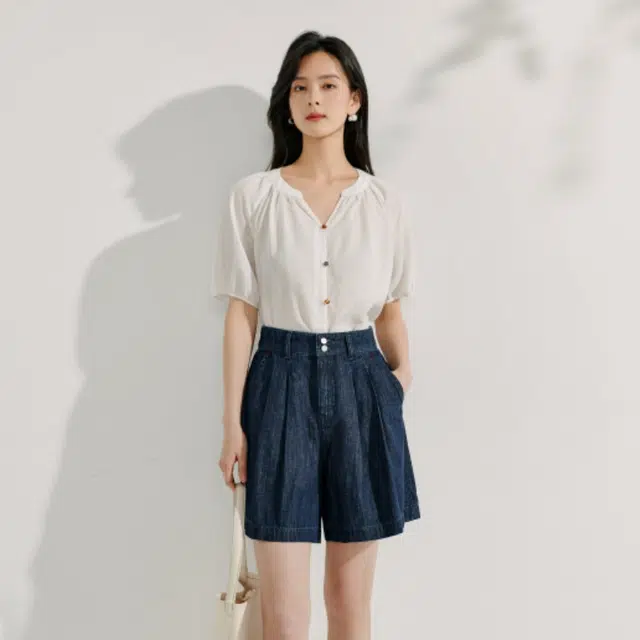 茵曼 休闲百搭纯色短袖衬衫 女款 珍珠白