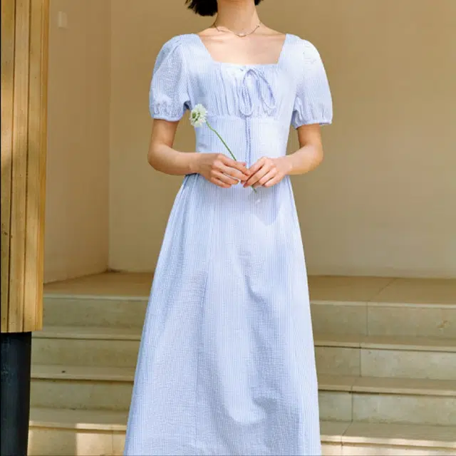 茵曼 宽松纯色条纹方领时尚百搭长袖连衣裙 女款 蓝条