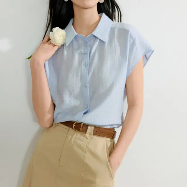 茵曼 通勤百搭简约短袖衬衫 女款 浅蓝色