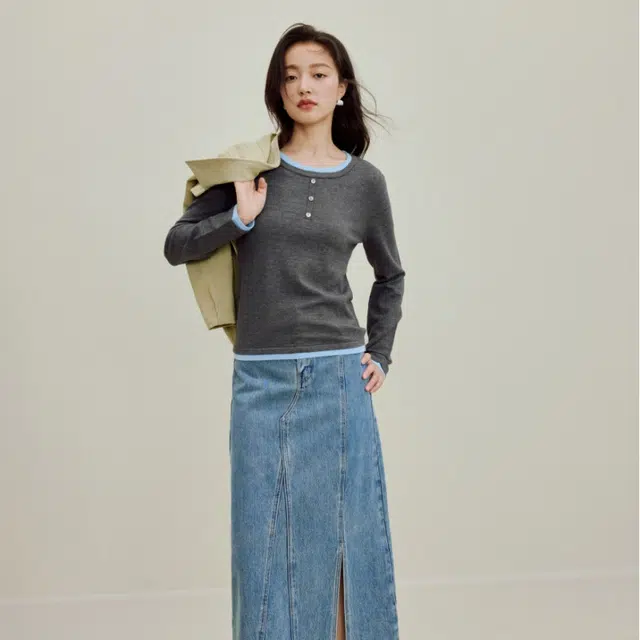 茵曼 撞色打底简约纯色通勤长袖针织衫 女款