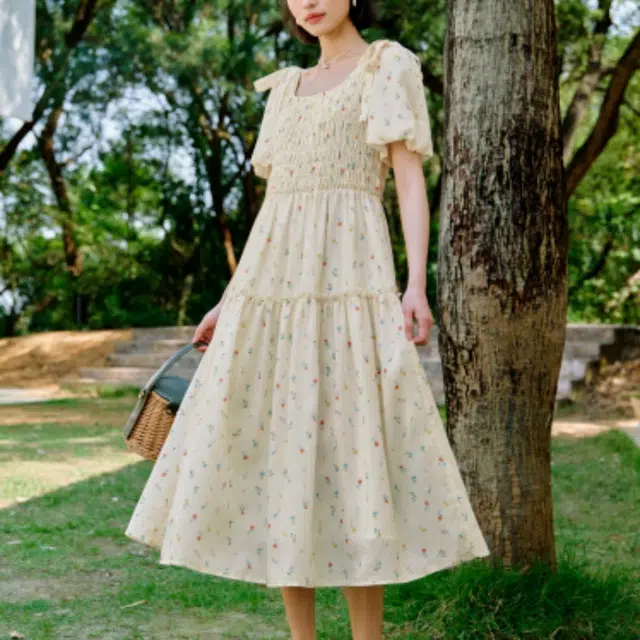 茵曼 休闲舒适时尚百搭短袖连衣裙 女款 黄底印花