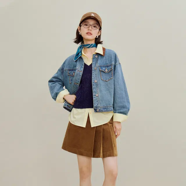 茵曼 美式复古设计感翻领宽松显瘦舒适潮流牛仔外套 女款