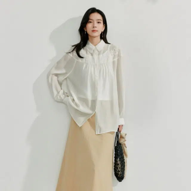 茵曼 法式刺绣宽松气质百搭长袖衬衫 女款 珍珠白