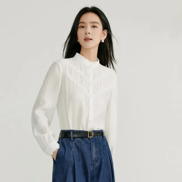 茵曼 法式花边文艺长袖衬衫 女款 梨花杏