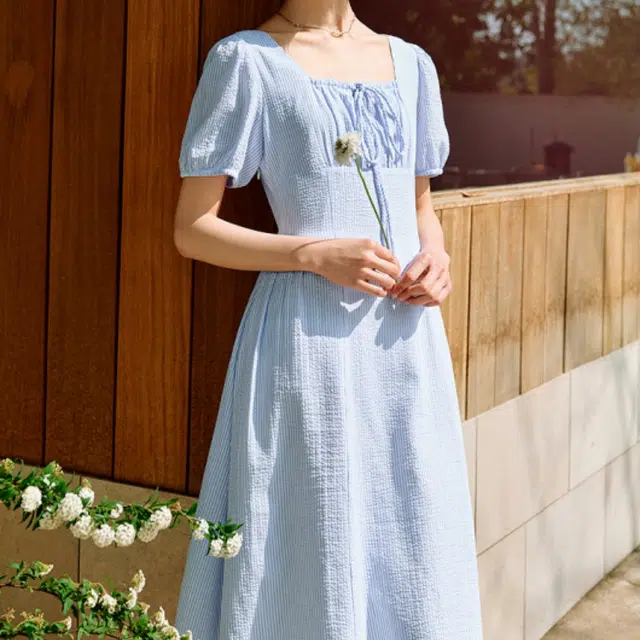 茵曼 宽松纯色条纹方领时尚百搭长袖连衣裙 女款 蓝条