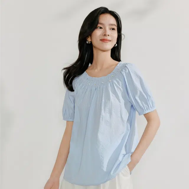 茵曼 优雅时尚百搭短袖衬衫 女款 浅水蓝