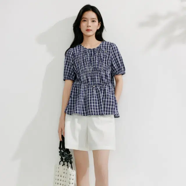 茵曼 时尚气质法式格子短袖衬衫 女款 藏青