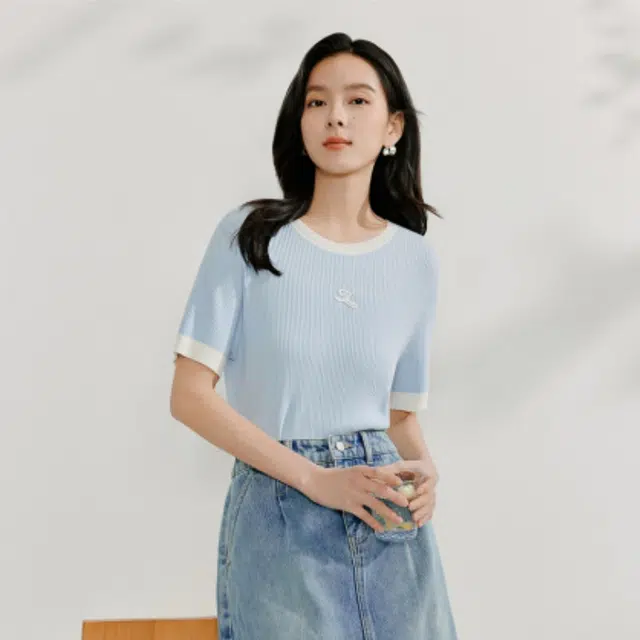 茵曼 茵曼凉感冰爽丝撞色欧若风显瘦短袖针织衫 女款