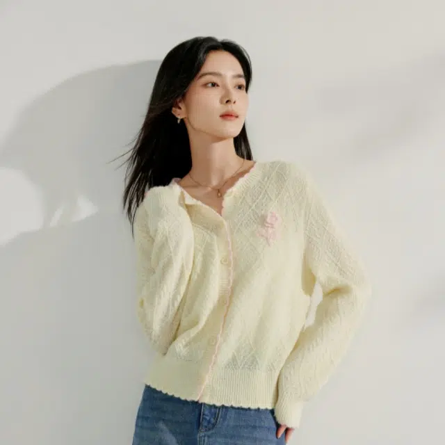 茵曼 法式立体花边圆领宽松百搭短开衫针织衫 女款