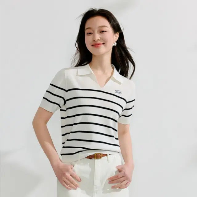 茵曼 法式时尚百搭短袖针织衫 女款 白黑条