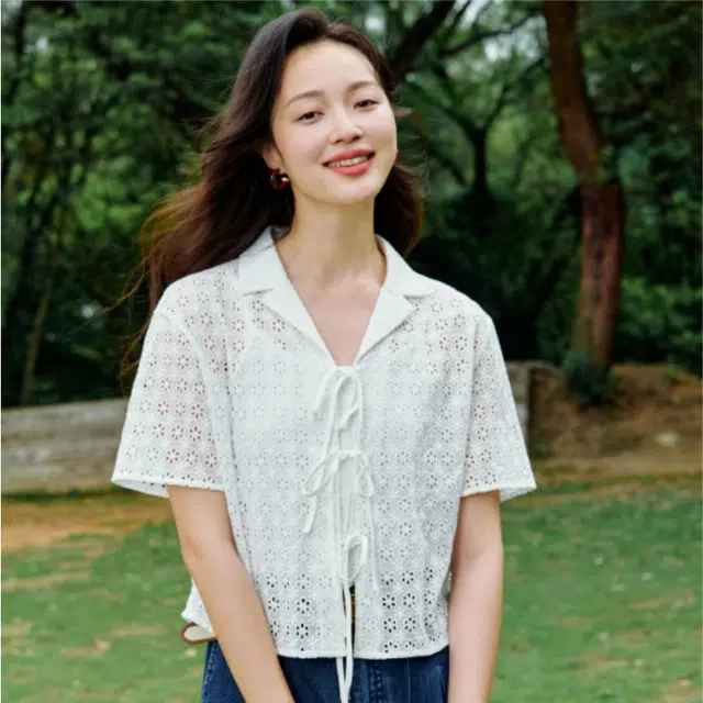 茵曼 法式细带镂空短袖甜美纯棉衬衣罩衫衬衫 女款