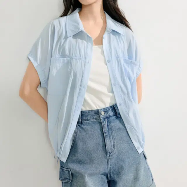 茵曼 凉感法式系带蝙蝠袖宽松短袖衬衫 女款 浅兰色