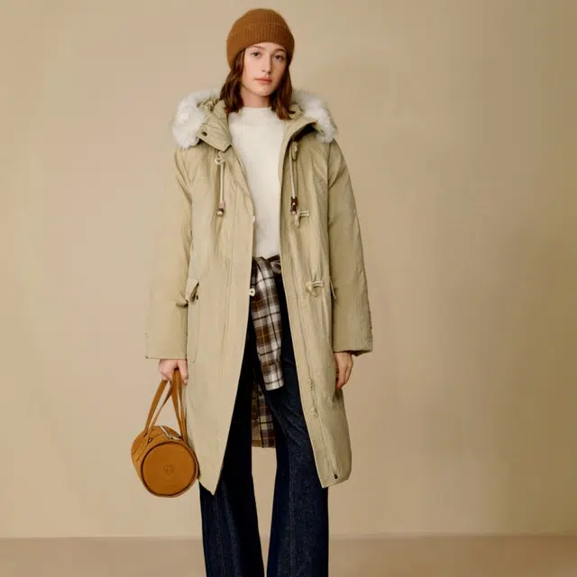 茵曼 连帽牛角扣中长款简约羽绒服 女款