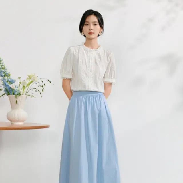 茵曼 纯色合身适中荷叶领短袖衬衫 女款
