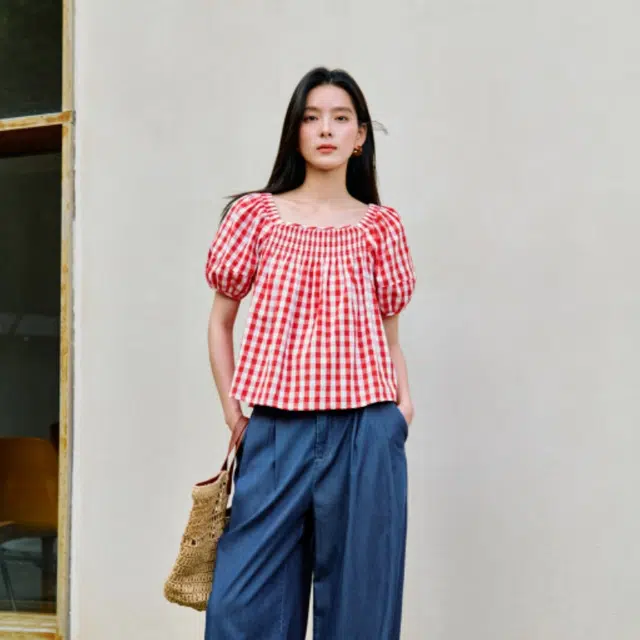 茵曼 甜美格子收腰褶皱显瘦泡泡袖短袖衬衫 女款