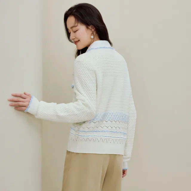 茵曼 撞色条纹镂空针织开衫长袖毛衣 女款