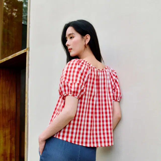 茵曼 甜美格子收腰褶皱显瘦泡泡袖短袖衬衫 女款