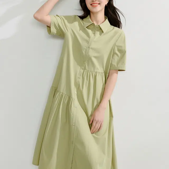 茵曼 纯色休闲宽松百搭长袖连衣裙 女款 卡其绿