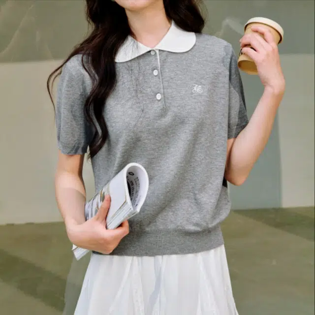 茵曼 莱赛尔娃娃领显瘦通勤短袖针织衫 女款