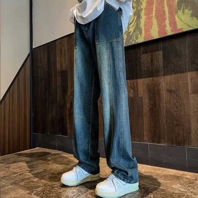 木林森 简约水洗做旧直筒牛仔裤 男女同款 复古蓝