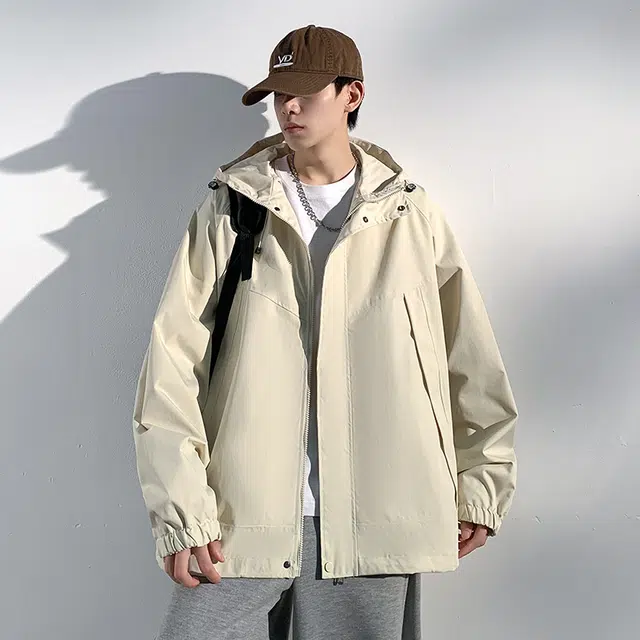 木林森 纯色青少年户外登山拉链机能风宽松休闲连帽百搭夹克外套 男女同款 浅卡其
