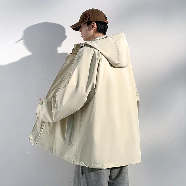 木林森 纯色青少年户外登山拉链机能风宽松休闲连帽百搭夹克外套 男女同款 浅卡其