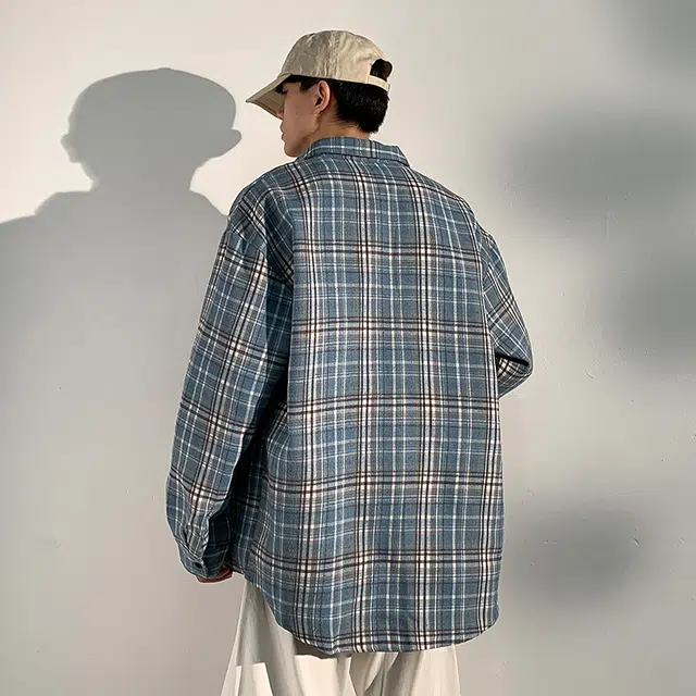 木林森 美式复古单排扣宽松学院风休闲简约长袖衬衫 男女同款 蓝格