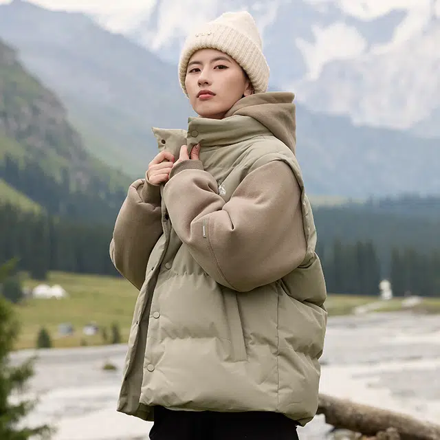 木林森 假两件连帽御寒防冻纯色插色面包服棉服 男女同款